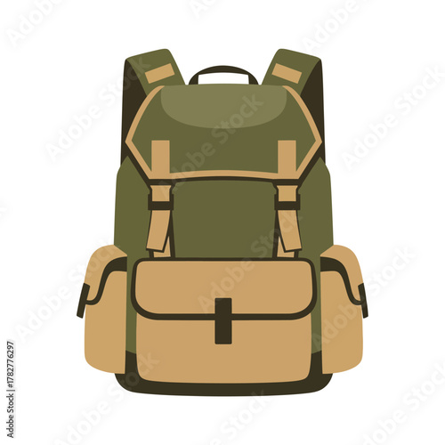Green and Tan Hiking Backpack with Multiple Pockets and Straps. Vector Illustrations. EPS Editable