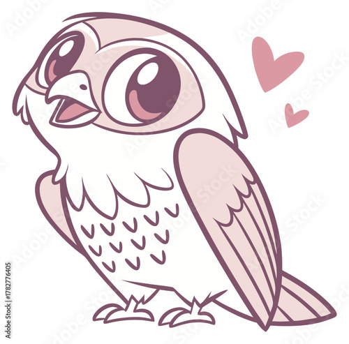 Pale pink owl cartoon with enormous eyes and open beak surrounded by floating hearts