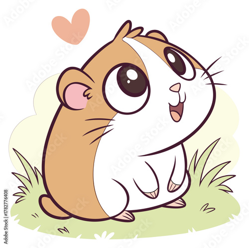 Chubby cartoon guinea pig sits in grass with giant eyes looking up at a heart