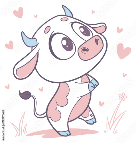 Playful cartoon baby calf with pink spots standing in grass with floating hearts.Isolated transparent background ( include cut-out PNG file )