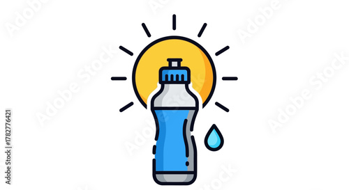 Hydration bottle under the sun with a water drop. Vector Illustrations. EPS Editable
