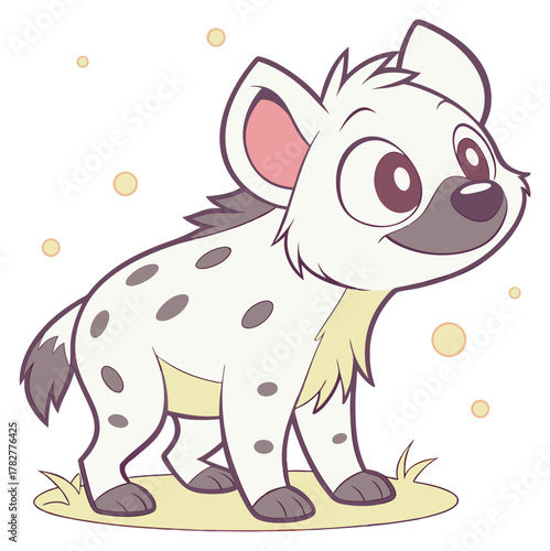 Spotted cartoon baby hyena smiling with big eyes standing on a little patch of grass.Isolated transparent background ( include cut-out PNG file )