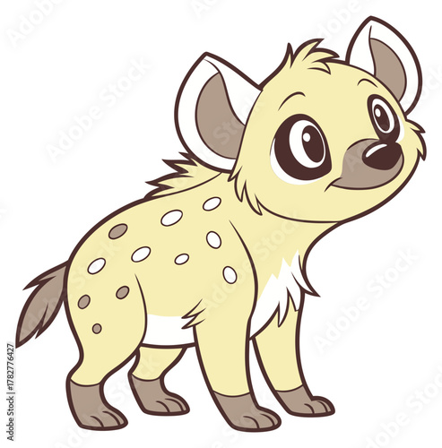 Yellowish cartoon baby hyena cub smiling with white spots and big innocent eyes.Isolated transparent background ( include cut-out PNG file )