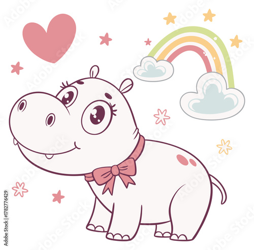 Adorable baby hippo with a bow and rosy spots surrounded by stars and a rainbow.Isolated transparent background ( include cut-out PNG file )