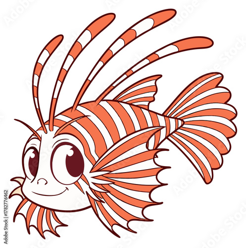 A friendly cartoon lionfish with large eyes and vibrant orange and white stripes swims.Isolated transparent background ( include cut-out PNG file )