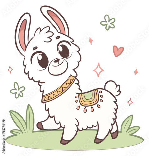 Fluffy white cartoon llama wearing a colorful saddle blanket standing in grass.Isolated transparent background ( include cut-out PNG file ).