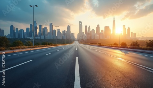 Open road leads to city skyline at sunrise with sun flare. Modern buildings rise beyond green hills and empty highway. Cityscape emerges in bright morning light.