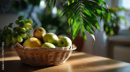 Wallpaper Mural Defocused minimalist still life — basket of fruits, green plants, and morning sunbeams highlighting freshness, with copy space Torontodigital.ca