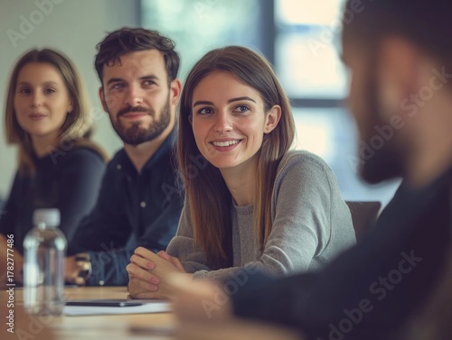 A smiling woman attentively participating in a meeting.