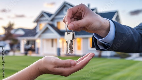 Handing Over House Keys. real estate agent's hand giving a set of modern house keys to a client. Represents new beginnings, home ownership, and success