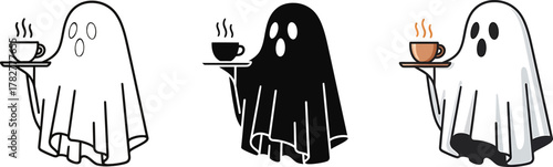 Spooky ghost barista serving coffee illustration set