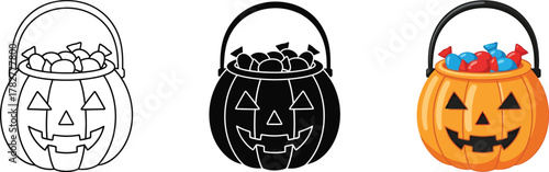 Halloween pumpkin candy bucket icon set