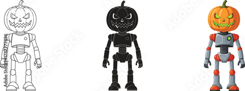 Halloween pumpkin head robot illustration set