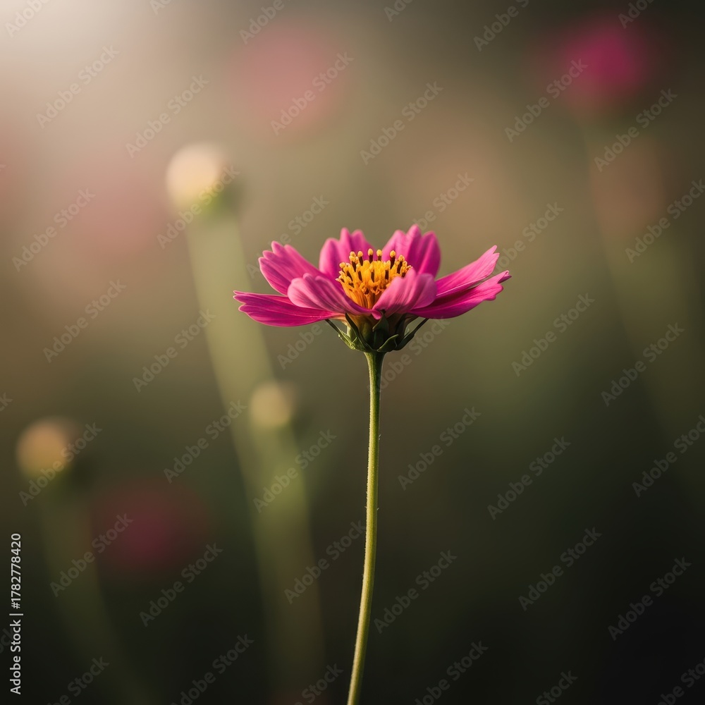 Fototapeta premium A solitary, vibrant flower stands tall against a soft, blurred background, highlighting delicate petals and pure natural beauty in daylight, tranquil, bokeh, outdoor