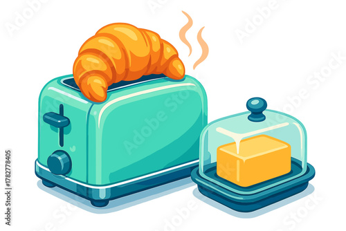 Steaming croissant popping out of a retro turquoise toaster next to a covered butter dish