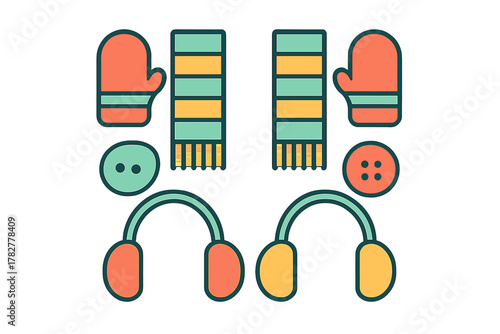 Colorful winter accessories matching pairs set including gloves scarves and earmuffs