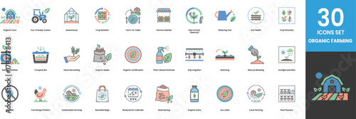 30 Organic Farming Icons Set Sustainable Agriculture Practices Eco Friendly Tractor Greenhouse Crop Rotation Farm to Table Farmers Market Natural Pest Control
