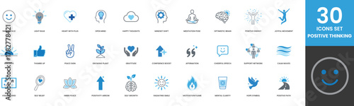 30 Icon Set Positive Thinking Mindfulness Mental Health Wellness Concepts Smiling Face Light Bulb Open Mind Meditation Pose Optimistic Brain Energy Gratitude