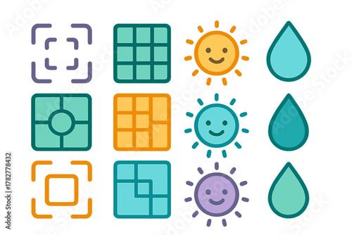Colorful icons collection featuring weather, layout grids, and camera focus symbols