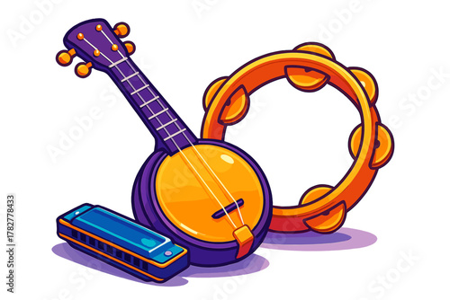 Stylized collection of musical instruments: banjo, tambourine, and blues harmonica