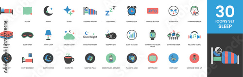 30 Sleep Icons Set Bed Pillow Moon Stars Sleeping Person Zzz Symbol Alarm Clock Snooze Button Sleepy Face Yawning Person Blanket Sleep Mask Night Lamp Dream