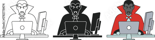 Vampire working on laptop in three styles