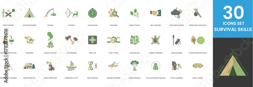 Survival Skills Icon Set for Wilderness Training Camping Adventure Navigation Fire Starting Shelter Building Fishing Hunting Water Purification Foraging First