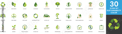 Set of 30 Green and Eco Friendly Icons for Sustainability Renewable Energy Earth Conservation Recycling Solar Power Wind Turbine Electric Vehicle Water Drop
