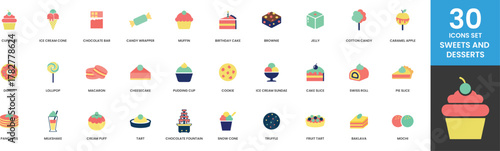 30 Icons Set Sweets and Desserts Collection Flat Style Cupcake Ice Cream Cone Donut Lollipop Muffin Birthday Cake Brownie Jelly Cotton Candy Caramel Apple