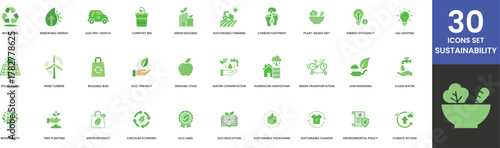 30 Green Icons Set for Sustainability Ecology Renewable Energy Electric Vehicle Compost Recycling Building Farming Carbon Footprint Diet Energy Efficiency LED