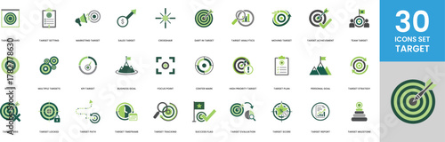 30 Business Target Icons Set Marketing Sales Goal Setting Achievement Strategy Planning Analytics Tracking Bullseye Dartboard KPI Success Milestone Concept