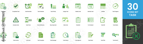 Set of 30 Green Task Management Icons for To Do List Planning Scheduling Reminders Calendar Workflow Checklist Project Management App Interface Elements