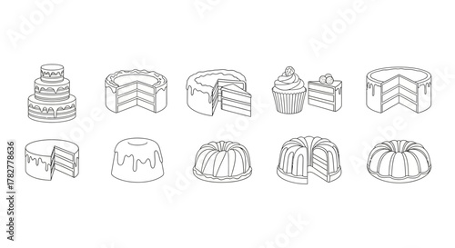 Collection of HandDrawn Cake Illustrations in Outline Style. EPS Editable