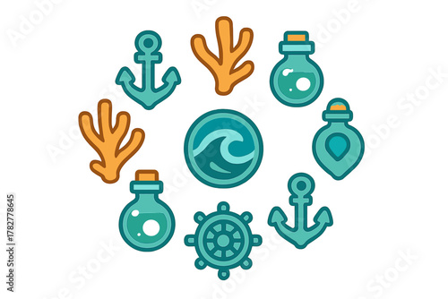 Nautical and sea adventure elements featuring anchors, coral, ship wheel, and mysterious bottles