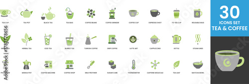 Tea and Coffee Icon Set 30 Flat Symbols Green and Gray Minimalist Graphics for Hot Drinks Cold Beverages Cafe Menu Barista Equipment Reusable Mug Matcha Kettle
