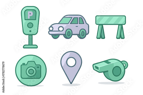 Parking meter, car, road barrier, camera, and location pin symbols