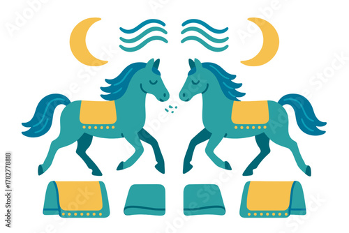 Decorative set of stylized turquoise horses facing each other with yellow saddles and celestial elements