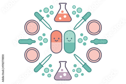 Cute smiling medicine capsules surrounded by laboratory science equipment and chemical glassware