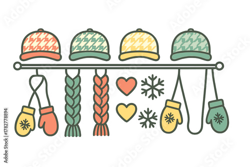 Colorful winter accessories set featuring hats with houndstooth pattern, braided scarves, and mittens hanging on a display rod