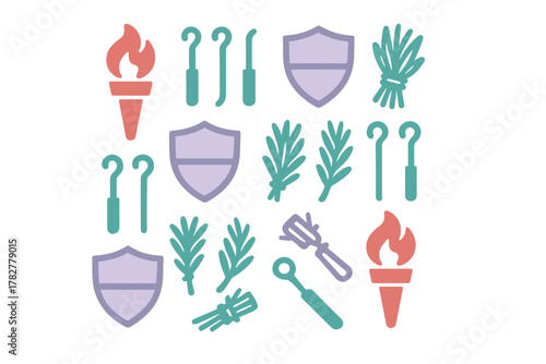 Seamless pattern of simple flat icons featuring torches, shields, herbs, and specialized tools