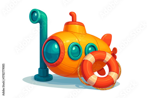 Bright orange cartoon submarine toy with periscope and life preserver isolated on white