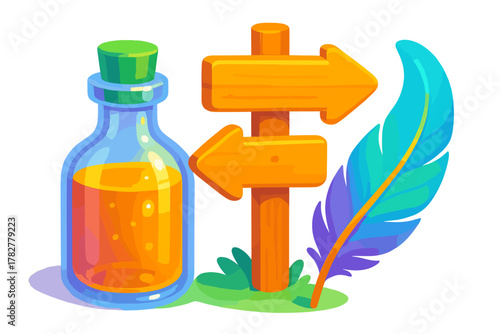 Glowing magic potion bottle, wooden directional signpost, and vibrant feather