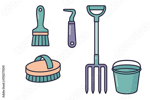 Essential stable and horse grooming tools collection including brush, fork, and bucket