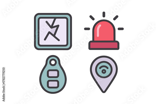Set of security and emergency alert symbols: broken screen, flashing siren, key fob, and GPS location