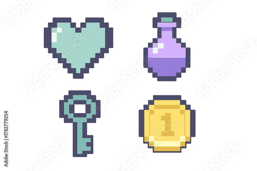 Pixel art video game assets set featuring health heart, magic potion, golden key, and coin icons