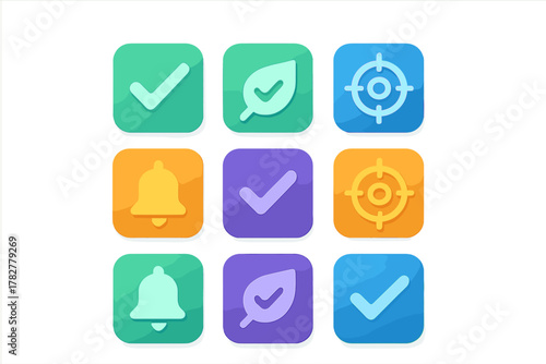 Colorful set of mobile application icons featuring checkmarks, notification bells, targets, and eco symbols