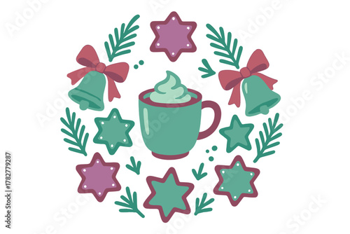 Cozy winter holiday wreath with hot cocoa mug, gingerbread cookies, and festive bells