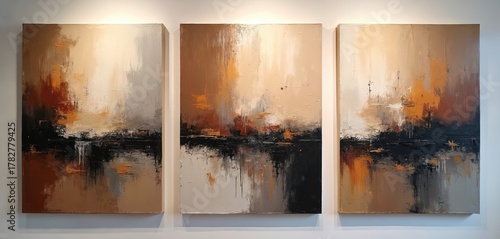 Three abstract paintings adorn studio wall. Textured brushstrokes create blend of brown orange white black colors. Nonfigurative art series display deep emotional impact, inviting contemplation.