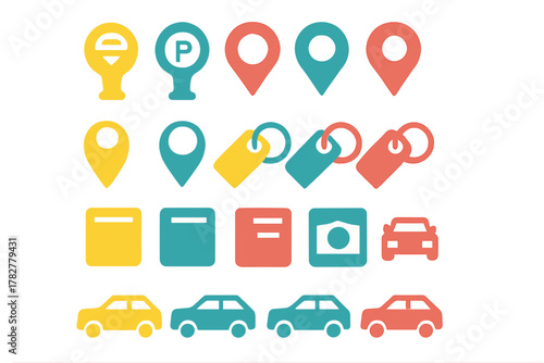 Colorful map pointers, parking signs, price tags, document symbols, and small cars for web design