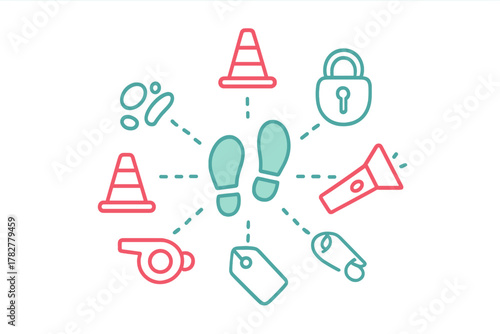 Forensic investigation and crime scene evidence icons featuring safety and security tools